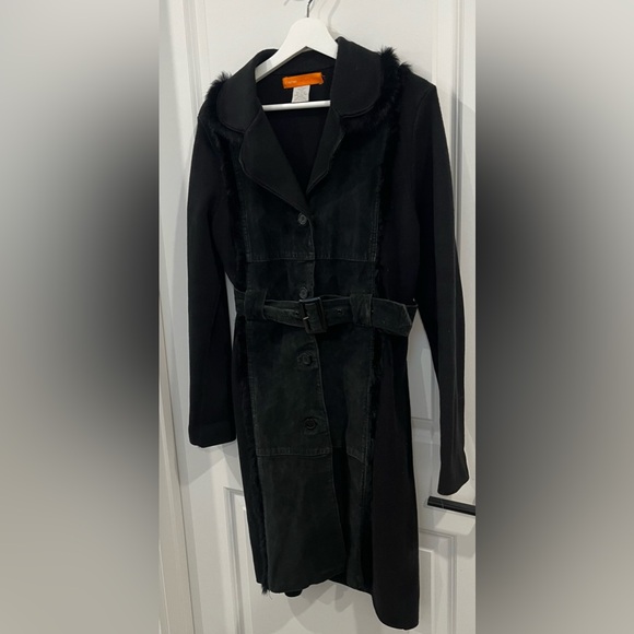Cynthia Steffee Black Suede & Knit Belted Coat Rabbit Fur Trim Women’s Size L - Picture 3 of 6